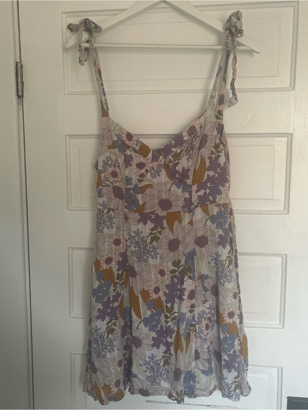 American Eagle Outfitters Lavender and Mustard Floral Tie-Shoulder Mini Dress